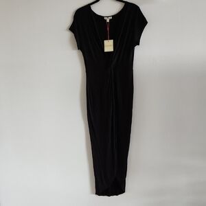 Rolla Coster Black Midi Sheath Dress with V-neck and Short Sleeves for Cocktail